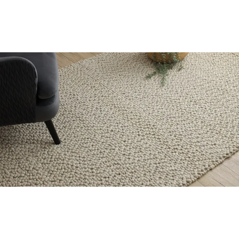 Wollerteppich TAHAR 99005B Creme / Grau - HANDGEWEBT Schlingenflor, einfarbig