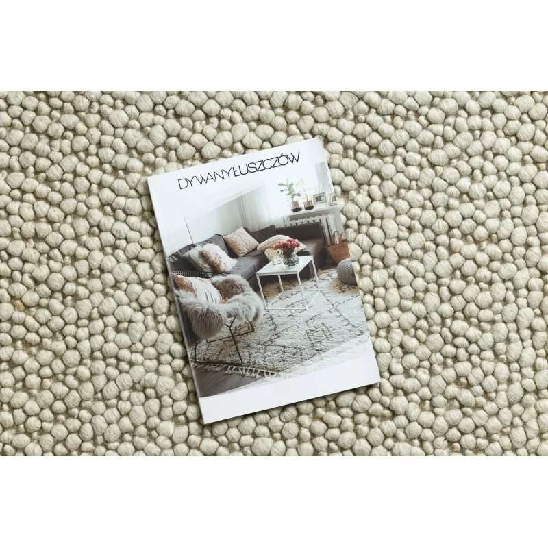 Wollerteppich TAHAR 99005B Creme / Grau - HANDGEWEBT Schlingenflor, einfarbig