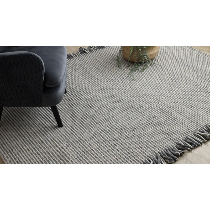 Wollenteppich TAHAR 99003F creme / grau - HANDGEWEBT Linien, Fransen
