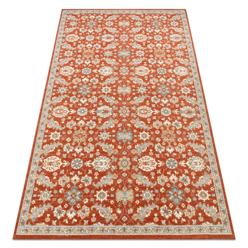Teppich SOHO 477.07.LA300 Wollstoff OSTA - Blüten, Rahmen natur Terrakotta / Blau