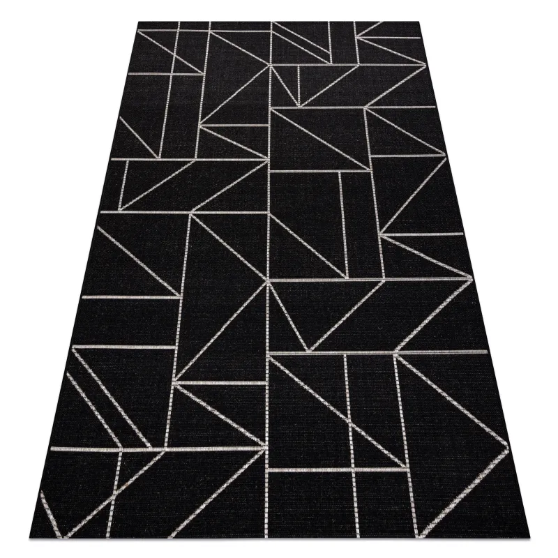 Sisal Teppich in geometrischem Dreiecksdesign, schwarz und silber, ideal für Wohnzimmer
