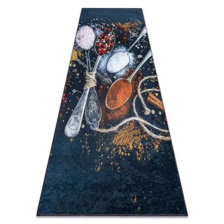 Waschbarer Teppich ANDRE 9002 Löffel, Gewürze für die Küche, rutschfest - blau / terrakotta