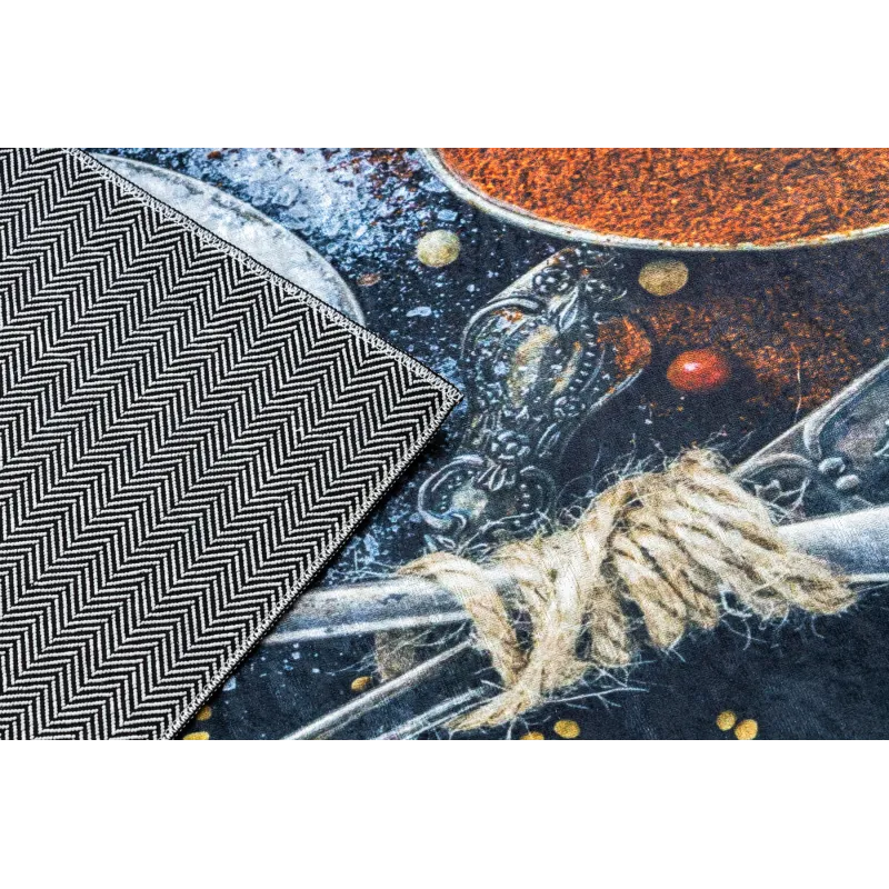 Waschbarer Teppich ANDRE 9002 Löffel, Gewürze für die Küche, rutschfest - blau / terrakotta