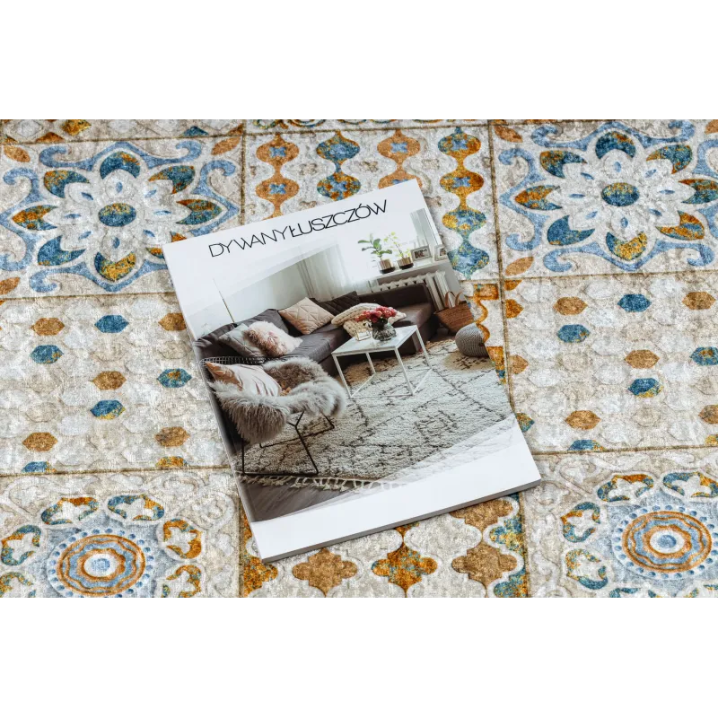 Waschbarer Teppich ANDRE 53010 Lissabonner Fliesen, für die Küche, rutschfest - beige / blau