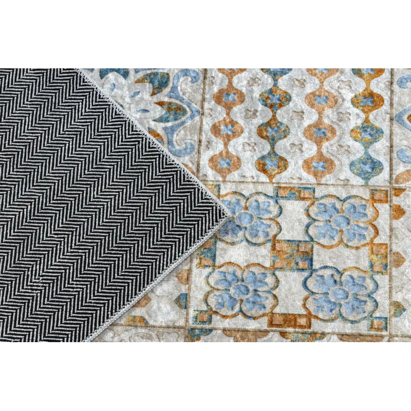 Waschbarer Teppich ANDRE 53010 Lissabonner Fliesen, für die Küche, rutschfest - beige / blau