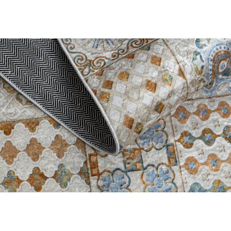 Waschbarer Teppich ANDRE 53010 Lissabonner Fliesen, für die Küche, rutschfest - beige / blau
